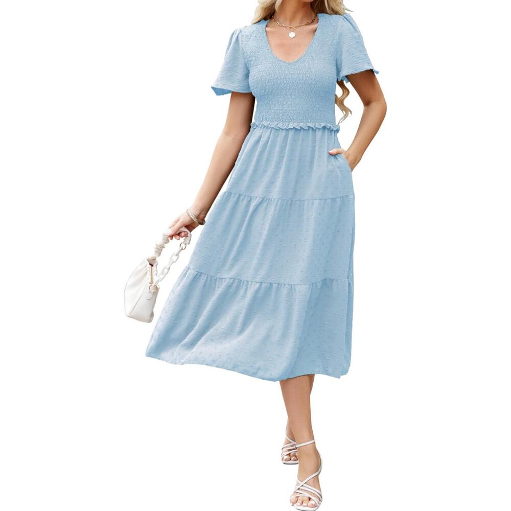 Ruffle Short Sleeve V-Neck Flowy A-Line Tiered Swiss Dot Dresses with Pocket
